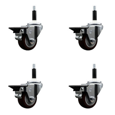 Service Caster 3'' Maroon Poly Swivel 7/8'' Expanding Stem Caster Set with Brake, 4PK SCC-EX20S314-PPUB-MRN-PLB-78-4